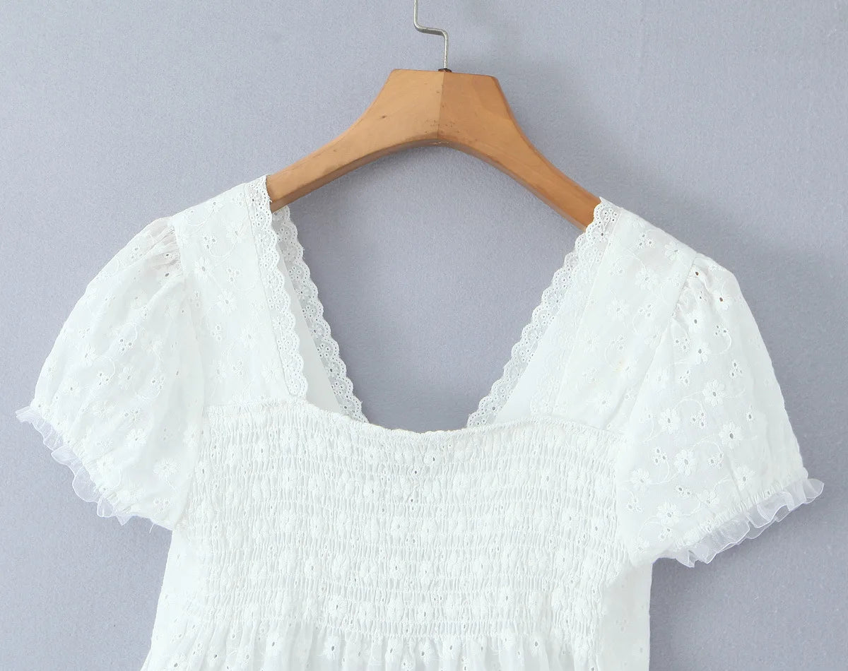 LIZAKOSHT  -  White Embroidery Hollow Out Hole Splice Lace V neck Short Puff Sleeve Shirt Women Center Button Elastic Back Slim Crop Tops