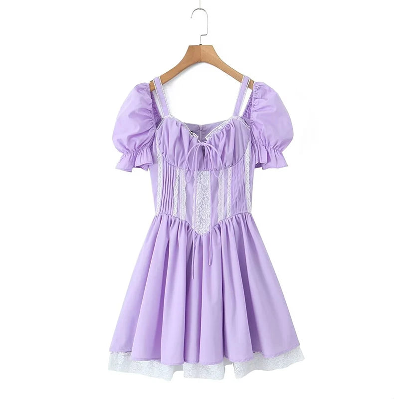 LIZAKOSHT  -  Summer Sweet Princess Mini Dress Women Puff Sleeve Spliced Lace Slim Waist Ruffle Hem Cake Party Robe Fairy Vestidos