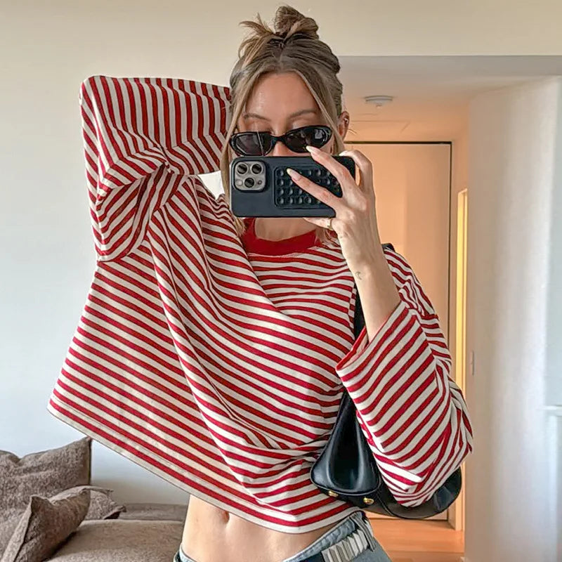 LIZAKOSHT  -  Casual Striped T-shirts for Women 2025 Autumn O-neck Long Sleeve Loose Tops Tees Female Contrast Color T Shirt Streetwear
