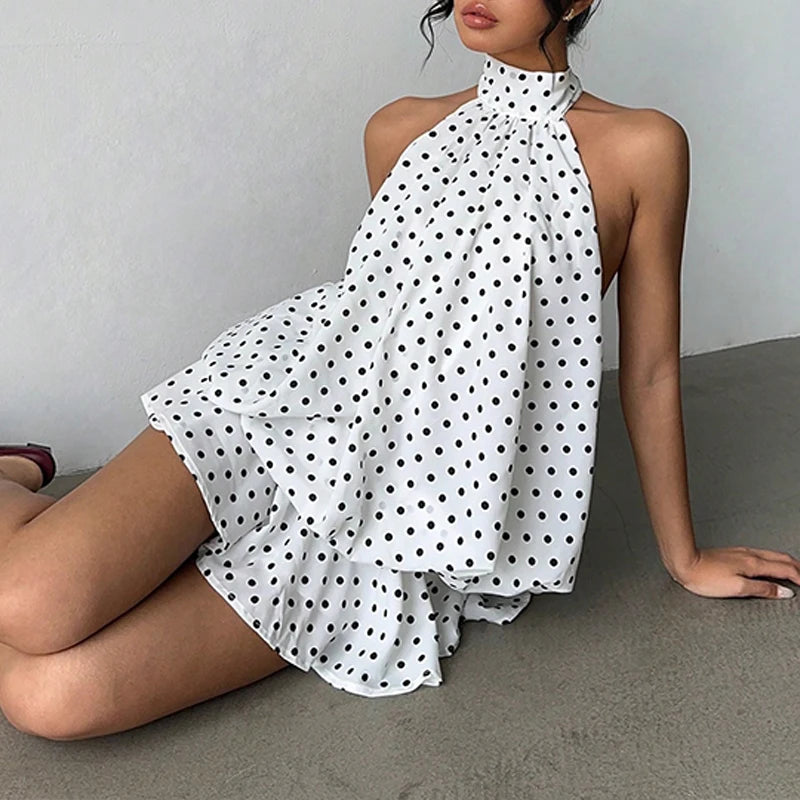 LIZAKOSHT  -  Beach Vacation Summer Ruffles Mini Sleeveless Dress Women's Fashion Solid Color Hanging Neck Open Back Pleated Dresses