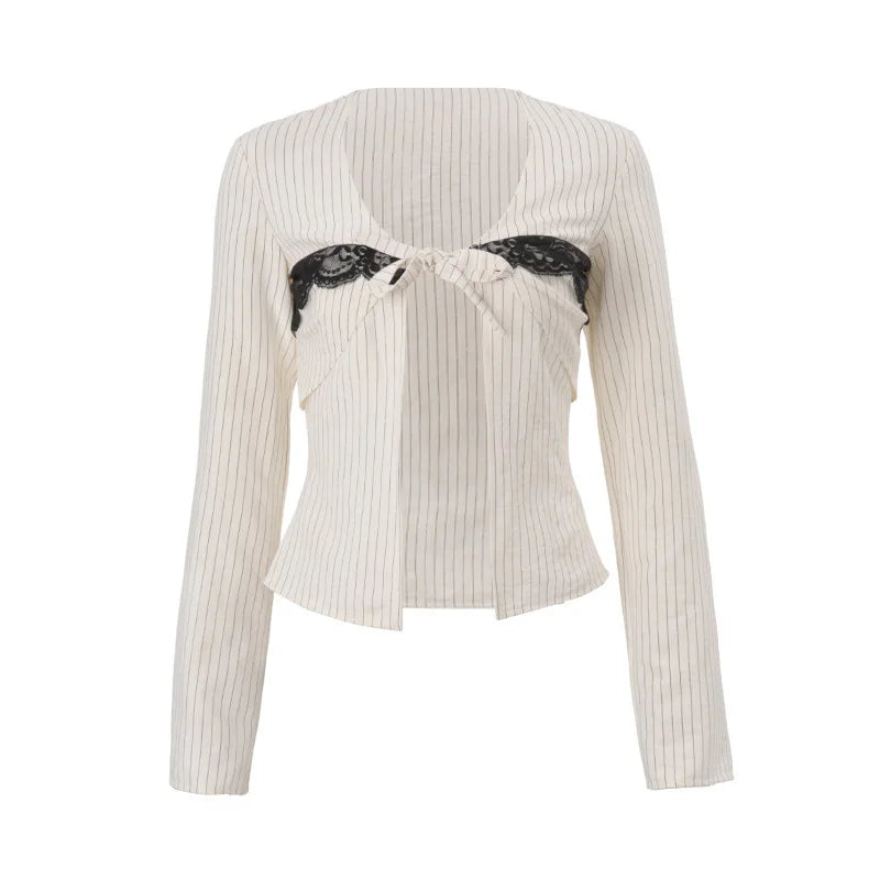 LIZAKOSHT  -  Lace Patchwork Contrast Sexy 2-Piece Club Outfits Female Stripe Print Full Sleeve Lacing Crop Cardigan+Mini Wrap Slit Skirt