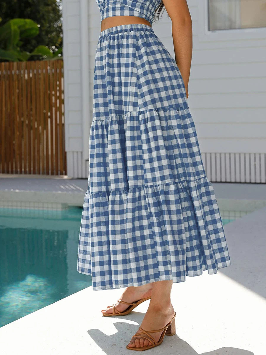LIZAKOSHT  -  Maxi Gingham Skirt Vintage Tiered Ruff Patchwork Plaid Long Skirt Women Japanese Grunge Fairyore High Waist A-line Swing Skirts