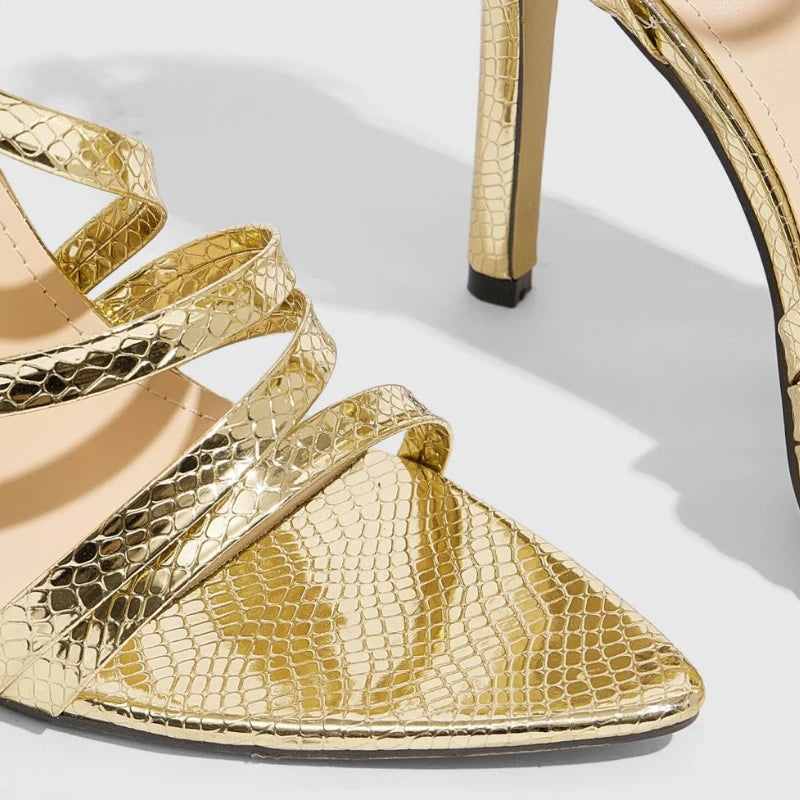 LIZAKOSHT  -  Gold Narrow Band Design Thin Heeled Sandals Women Sexy Pointed Toe Naked Strap Slingback Elegant Banquet Brida Pumps for Ladies