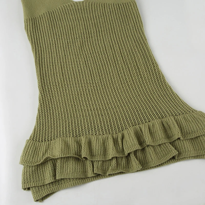 LIZAKOSHT  -  Sexy Holiday Style V-neck Spaghetti Strap Dress Ruffles Trim See Through Hollow Out Knitted Bodycon Short Dress 2025