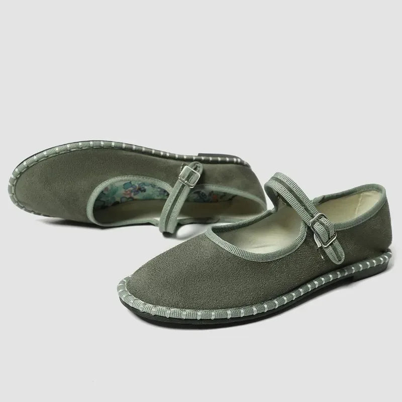 LIZAKOSHT  -  Velvet Round Toe Casual Flats Women Sewing Lightweight Brand Mary Jane Shoe Buckle Print Insole Comfort Retro Ballet Flats Women