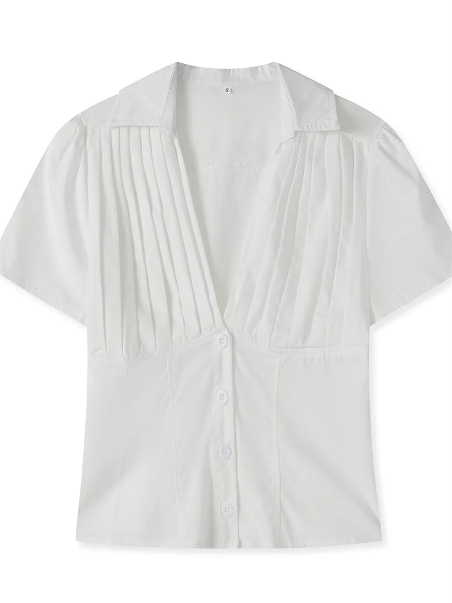 LIZAKOSHT  -  Women Summer Tops Fashion Style V-Neck Button Down Short Sleeve Shirts Casual Chic Blouses New