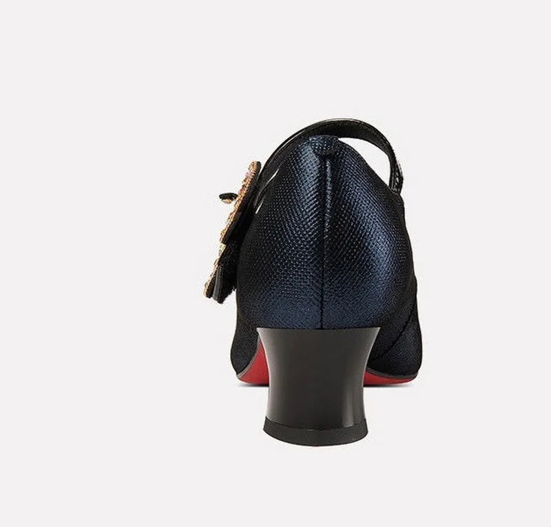 LIZAKOSHT  -  Leather Mid Heels,Office Lady Work Shoes,Women Pumps,Rhinestone Bowtie,Vogue Pointed Toe,34-40,Blue,Black,Dropship