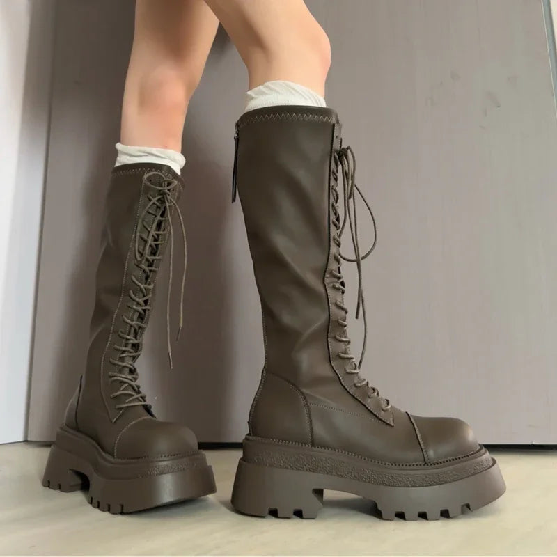 LIZAKOSHT  -  Flats Platform High Boots Women's Designer Shoes for Woman Winter Knee High Boots Lace Up Trend Goth Fashion Boots Femme