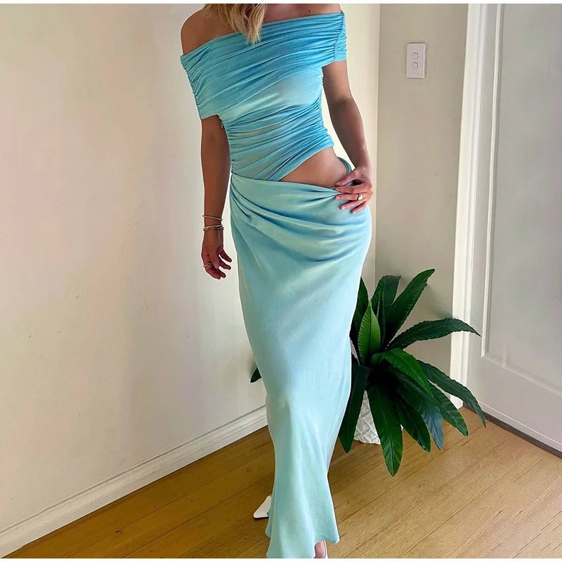 LIZAKOSHT  -  Elegant Sexy Long Dress Women Off Shoulder Hollow Out Sleeveless Patchwork Mesh Robe Female 2025 Spring Summer Chic Solid Robe