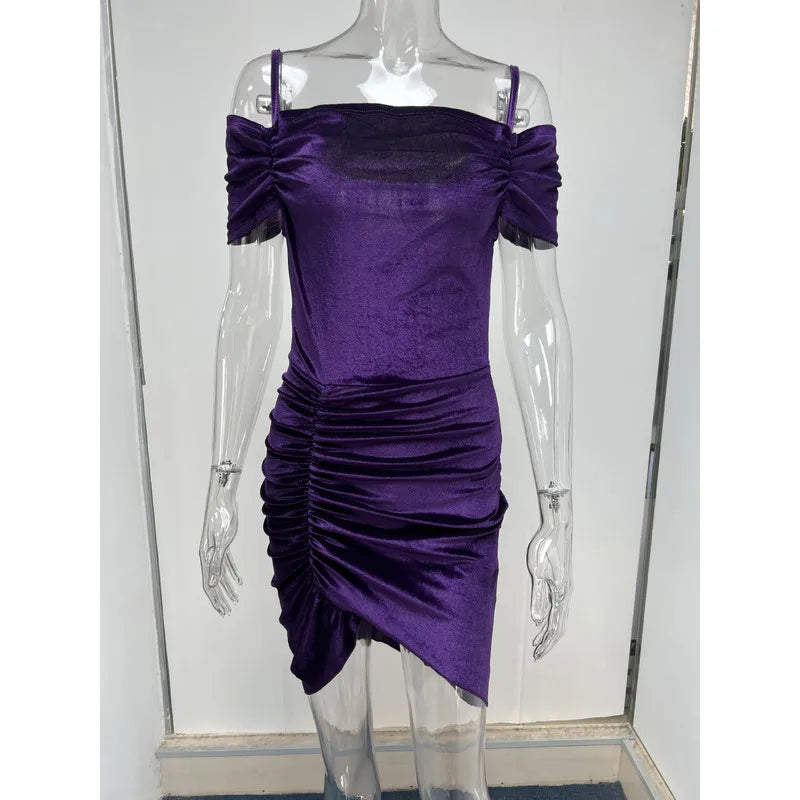 LIZAKOSHT  -  Velvet Long Sve Dr Cold oulder Ruched Bodycon High Waist Street Sle Polyester Fiber Autumn Season V-Ne H-ape
