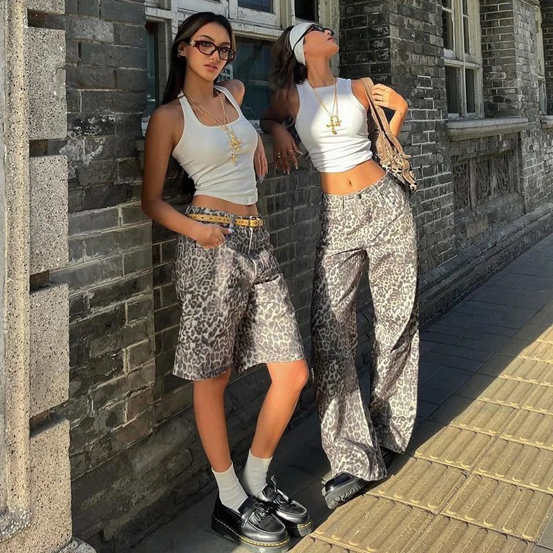 LIZAKOSHT  -  New Leopard Print Retro Straight Long Pants For Women Loose Slightly Flared Trousers Female Streetwear Club Party Pants