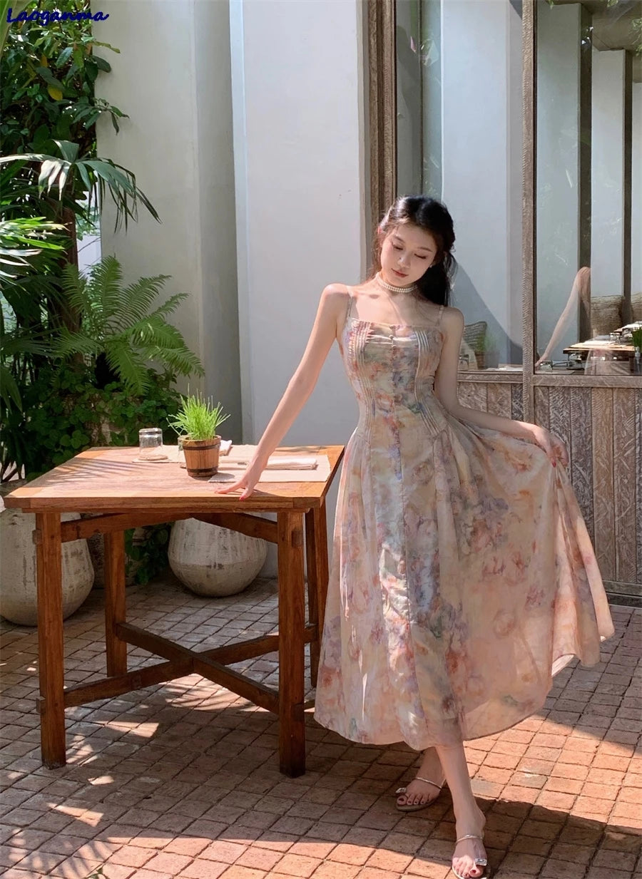 LIZAKOSHT  -  French Style Fairy Romantic Floral Printed Camisole Dress Ladies New Casual Beach Holiday Dresses Summer Midi Women Robe