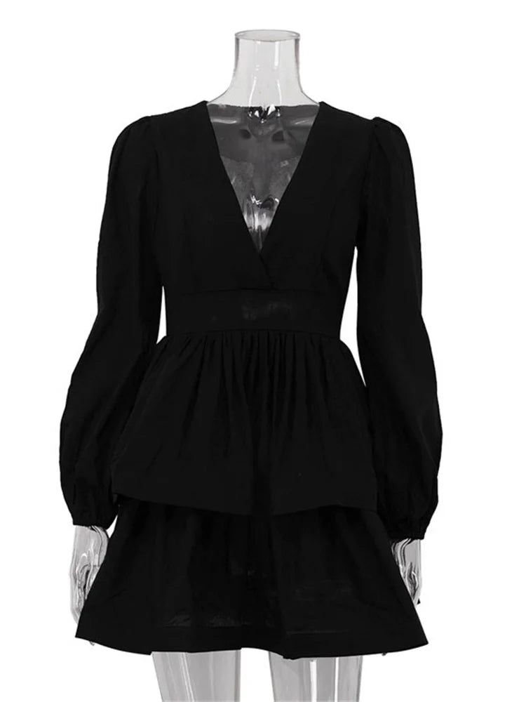 LIZAKOSHT  -  Summer Black Ruffled Mini Dress Female V-Neck Long Sleeve Solid Commute Elegant Party Dress Evening Women's Bodycon Dress