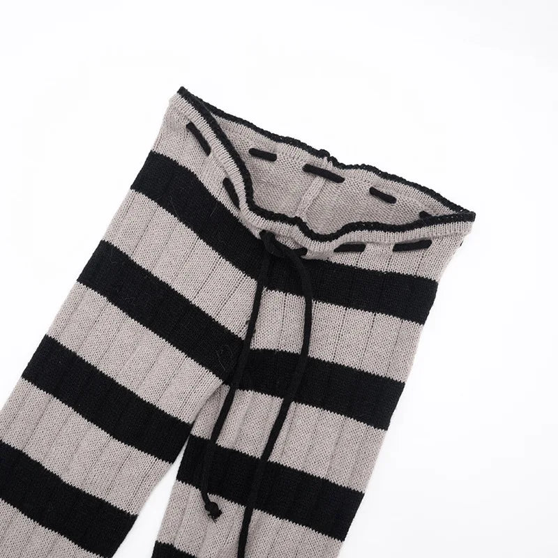 LIZAKOSHT  -  Knitted Sexy Low Waist Drawstring Women Pant Patchwork See Through Long Trousers Autumn Winter Slim Casual Streetwear