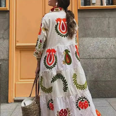 LIZAKOSHT  -  Women's Floral Long Shirt Dress 3/4 Sleeve Lapel Neck Button-up Flowy Loose Dresses