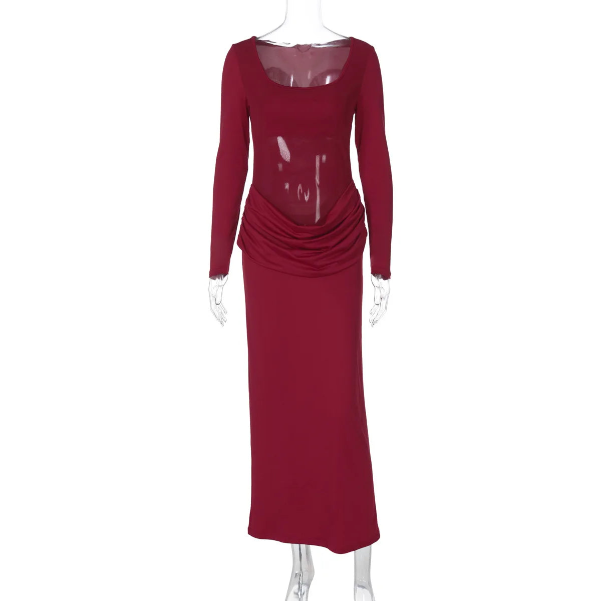 LIZAKOSHT  -  2025 Autumn Mesh Patchwork Ruched Long Dress Women's Elegant Long Sleeve Slim Evening Dresses Party Prom Gown Streetwear