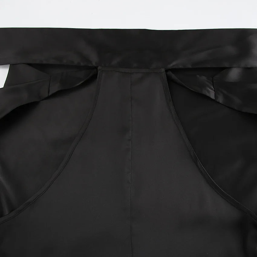 LIZAKOSHT  -  Black Satin Slit Neck Sleeveless Dress Matte Soft Bodycon Long Dress, Off Shoulder Zipper Tie Belt Elegant Party Gown