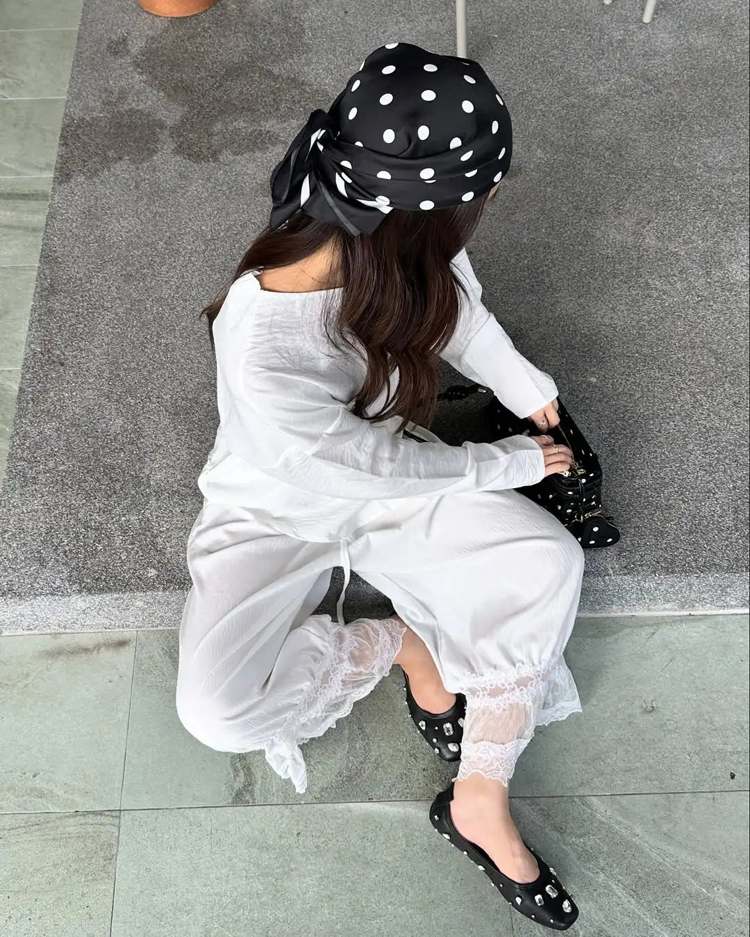 LIZAKOSHT  -  Chic Lace Patchwork Elastic Waist Trouser Women Casual High-waisted Lace Up Loose Wide-leg Ninth Pants Lady Street Outwear