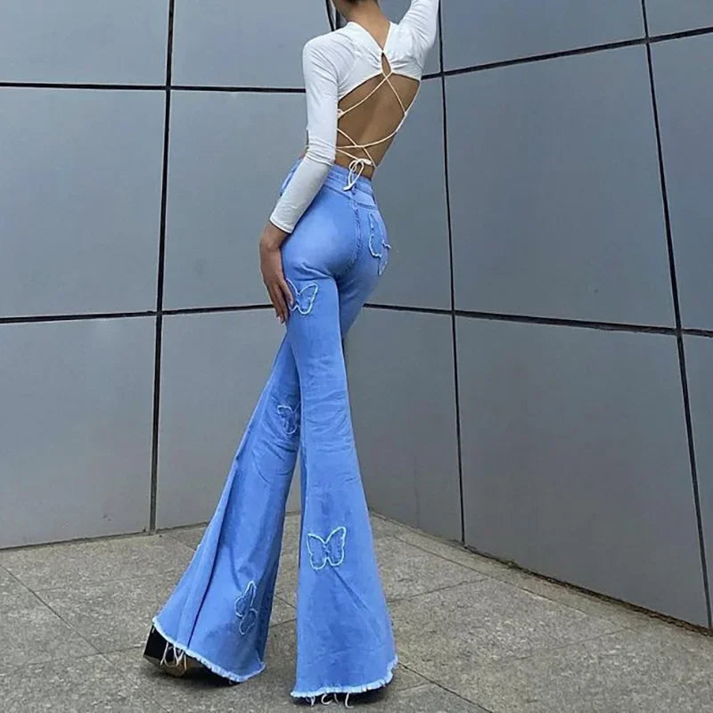 LIZAKOSHT  -  Solid Color Butterfly Print High Waist Bag Hip Casual Denim Flared Trousers 2024 Autumn Fashion Street Style Women's Trousers