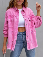 LIZAKOSHT  -  Women's Plain Button Front Ripped Drop Shoulder Mean Girls Coat without Cami Top, Summer Outfits 2024, Casual Basic Minimalist Longsleeves Shirt Collar Outerwear for Spring & Fall, Lady Clothes for Daily Wear, Womenswear