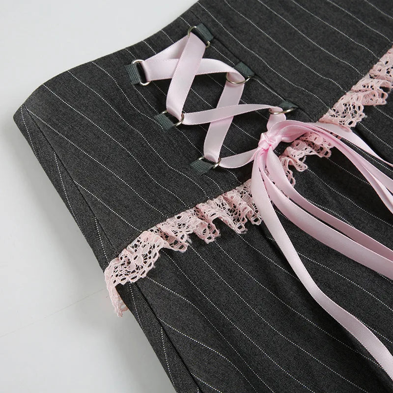 LIZAKOSHT  -  Y2k Girl Lace Bow Low Waist Pleated Striped Skirt Pastel Goth Sweet Pleated Skirt Women Aesthetic Fairy Grunge Elegant Skirt