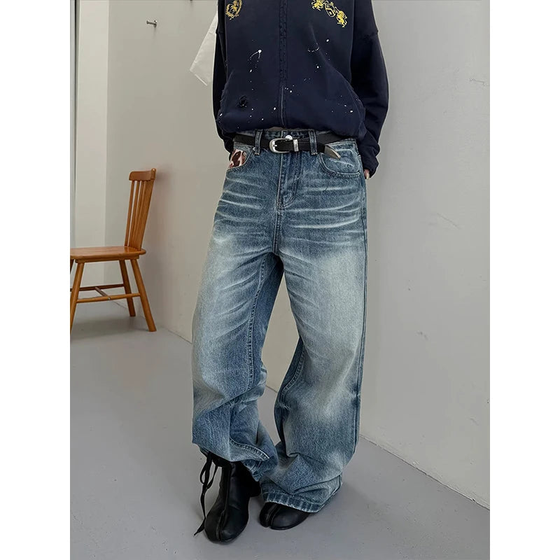LIZAKOSHT  -  Women's Gothic Y2k Blue Jeans Vintage Hiphop Grunge American Splicing Jeans Pants Baggy Boyfriend Wide Leg Denim Pants