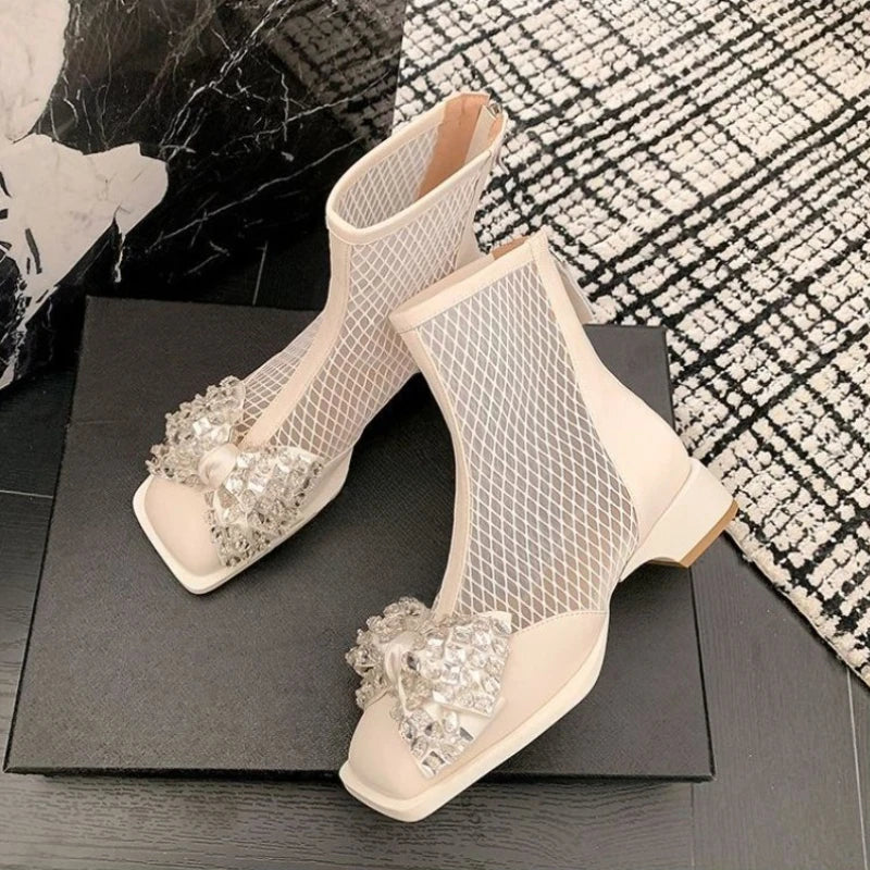 LIZAKOSHT -  Footwear Rhinestone Women's Ankle Boots Mesh Booties Elegant with Low Heels Short Shoes for Woman Sandals Comfortable Boot Sale