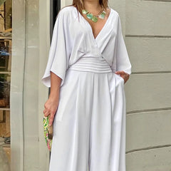 LIZAKOSHT  -  Elegant Deep V Neck Fashion Women Jumpsuit Bat Sleeves High Waist Wide-leg Loose Commuting Party Club Romper 2025