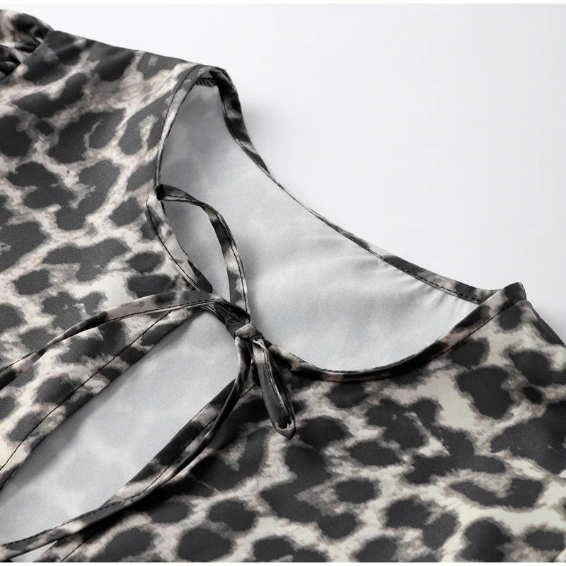 LIZAKOSHT  -  Sexy Leopard Print Bow Lace Up Hollow Out Shirts Women O-neck Ruffles Puff Short Sleeve Top Female Summer Lady Streetwear
