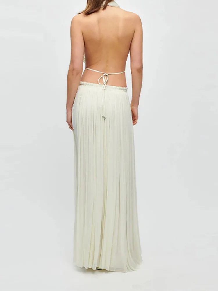 LIZAKOSHT  -  Elegant Pleated Backless Halter Top Skirt Sets Women Sexy Deep V Neck Lace Up Tank High Waist Long Skirt Suits Lady Beach Outfit