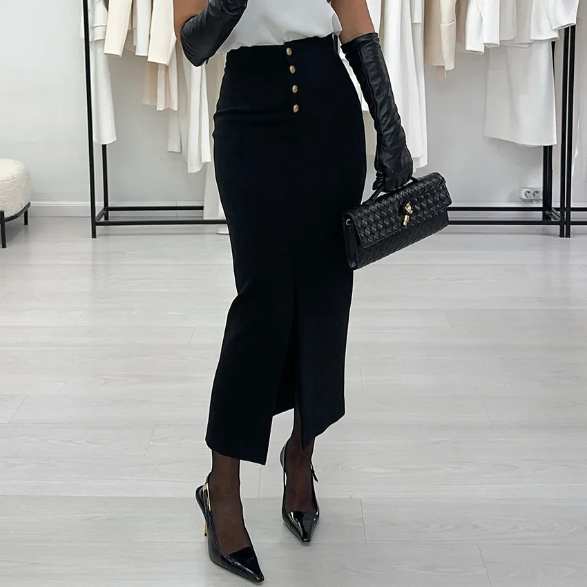 LIZAKOSHT  -  Black High Waist Belly Slit Straight Hip Skirt Female New Commuting Temperament One-step Skirt