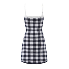 LIZAKOSHT  -  Autumn Black White Plaid Gingham Knitted Sling Dress Open Buttons V neck Package Hips Short Dresses Skinny Robe Vestidos