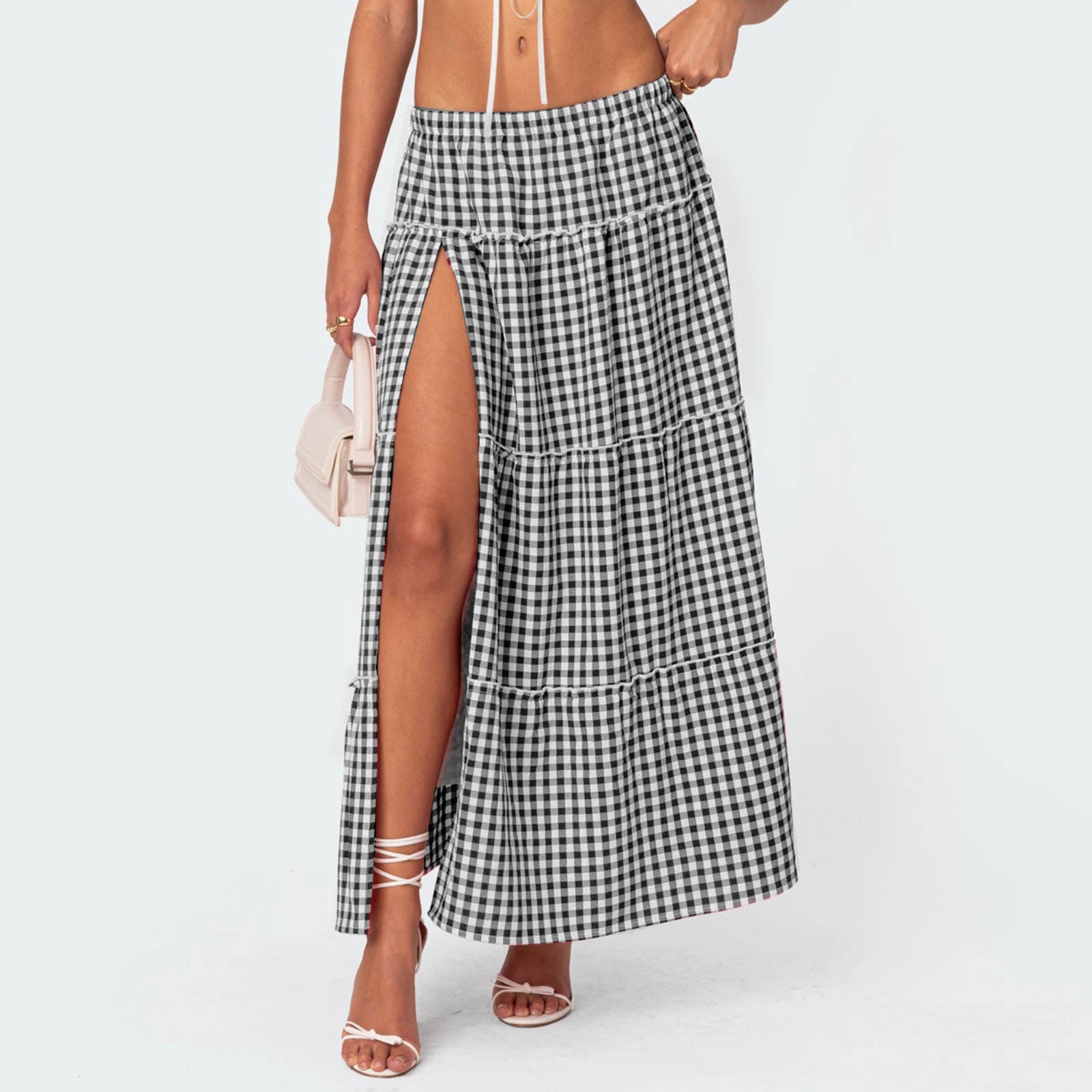 LIZAKOSHT  -   Vintage Plaid Maxi Skirts for Women Y2K Elastic Waist Side Slit Tiered Skirt Summer Flowy Gingham A Line Long Skirt