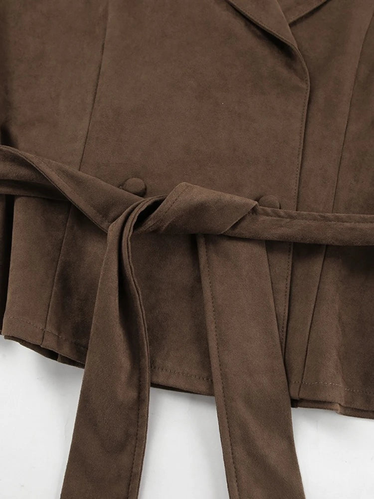 LIZAKOSHT  -  Vintage Suede Coats Women Aututmn Winter Turn-down Collar Brown Outerwears with Belt Office Lady Double Breasted Jackets