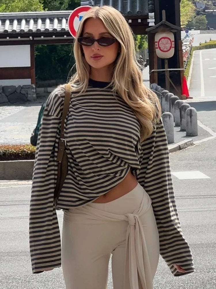 LIZAKOSHT  -  Casual Striped T-shirts for Women 2025 Autumn O-neck Long Sleeve Loose Tops Tees Female Contrast Color T Shirt Streetwear