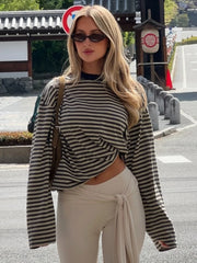 LIZAKOSHT  -  Casual Striped T-shirts for Women 2025 Autumn O-neck Long Sleeve Loose Tops Tees Female Contrast Color T Shirt Streetwear