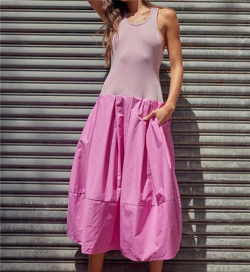 LIZAKOSHT  -  Women Drop Waist Midi Dress Summer Sleeveless Patchwork Tank Dress Y2k Bubble Hem A Line Maxi Dress with Pockets