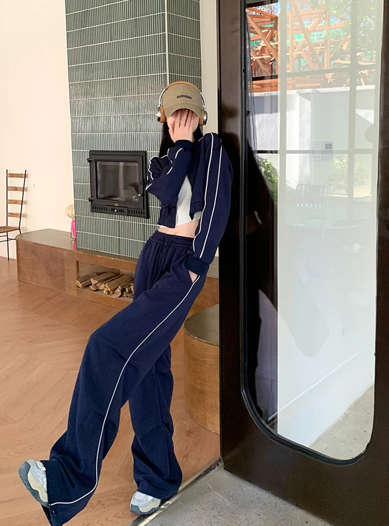 LIZAKOSHT  -  American Sweatpants Women  Fall Chic Fashion Casual Wide-Leg Pants Straight Parachute Loose Side Striped Soild Cargo Trousers