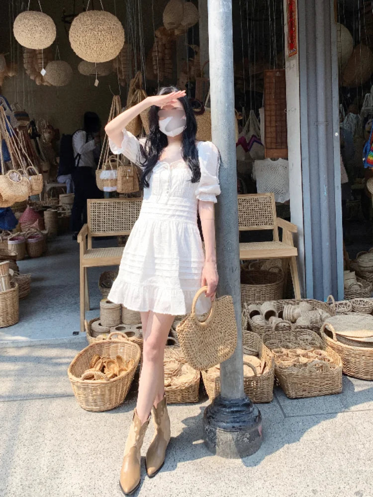 LIZAKOSHT  -   Summer French Vintage Dress Women Elegant Hollow Out Mini Dress Solid Lace Puff Sleeve One Piece Dress Korean Beach Style