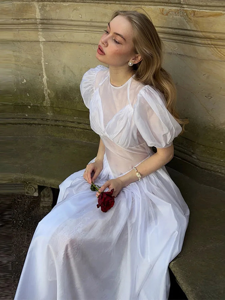 LIZAKOSHT  -  Puff Sleeve Decorative Button Sheer Mesh Maxi Dress A-Line  Ruched Bust Spring Summer Chic Garden Lady Women Romantic Grown