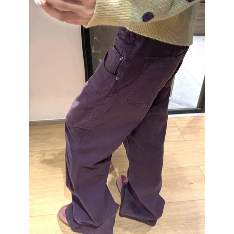 LIZAKOSHT  -  Autumn Winter Women's Purple High-Waisted Wide-Leg Jeans, Casual Loose-Fit Straight-Leg Denim Pants with Belt, Trendy Streetwear