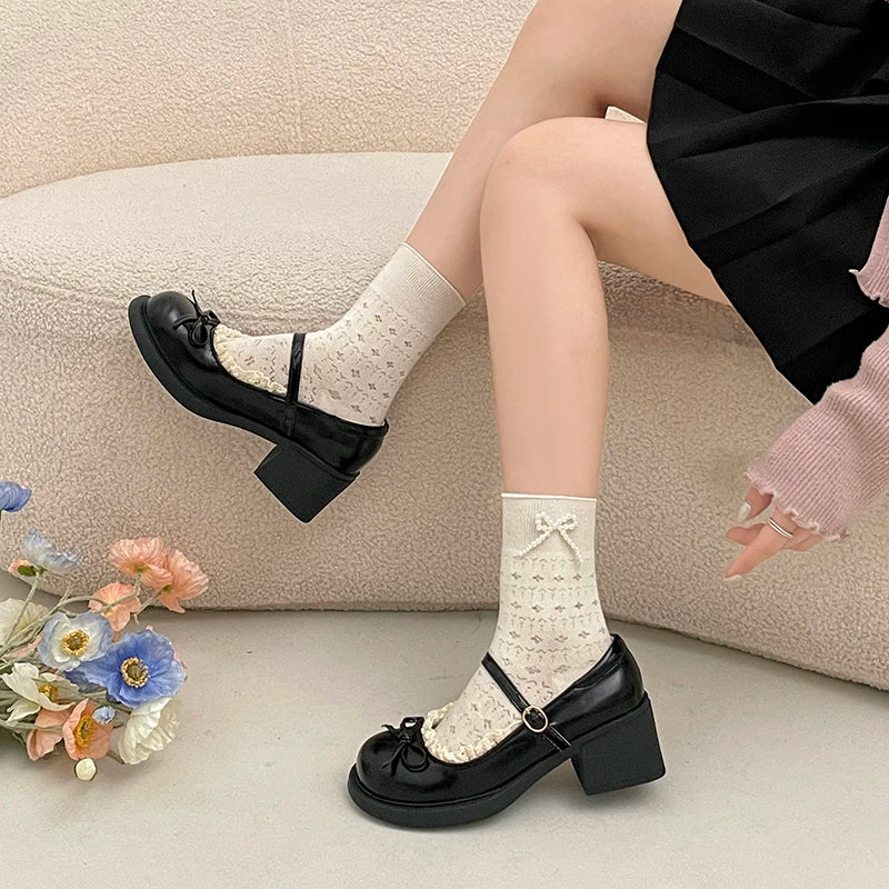 LIZAKOSHT  -  Cute Polka Dot Thick Heel Women Mary Jane Shoes Comfort Shallow Strap Pumps Ladies Eelgant Butterfly-knot Dress Single Shoes