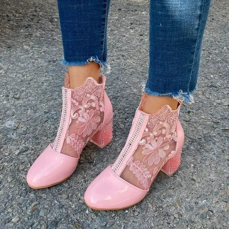LIZAKOSHT  -  Ethnic Style Women Retro Lace High Heels Ankle Boots Autumn Embroider Pointed Toe Platform Short Boot Thick Heeled Pumps