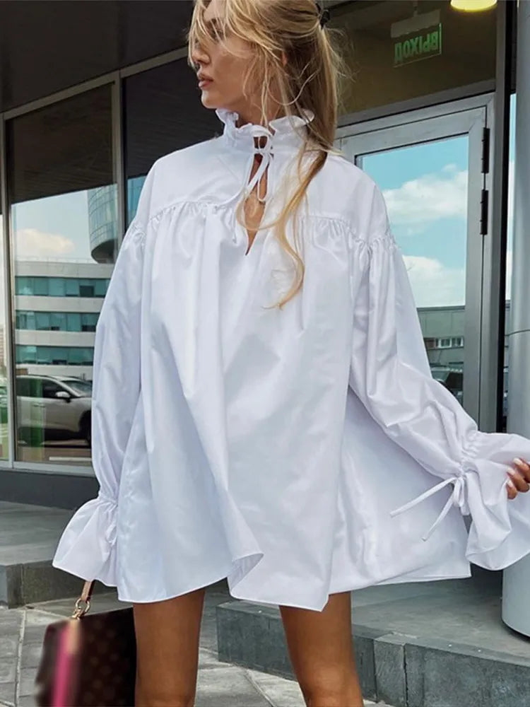 LIZAKOSHT  -  Fashion Lace Up Short Dress For Women Stand Flare Sleeve Hollow Out Draped Vestidos 2025 Summer Elegant Female Casual Dresses
