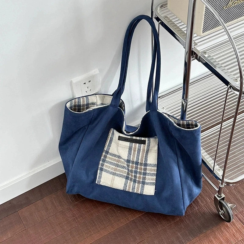 LIZAKOSHT  -  Autumn and Winter Woolen Plaid Shoulder Bag Double Sided Use Handbag Large Capacity Tote Bags For Women