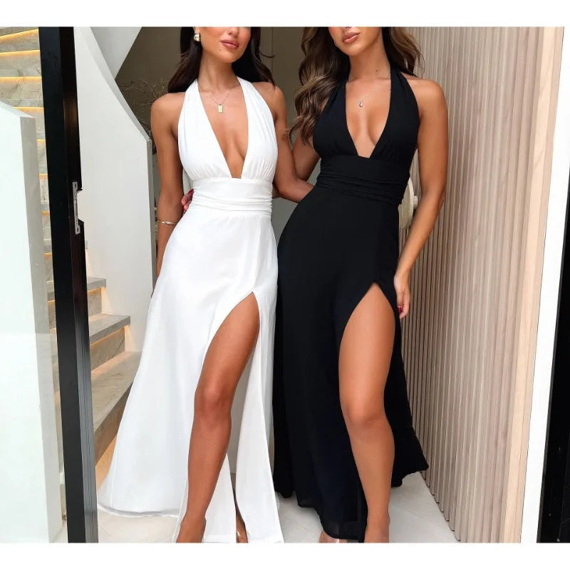 LIZAKOSHT  -  New Hanging Neck V-neck Strap Backless Slit Dress Temperament Long Skirt One-step Skirt for Women