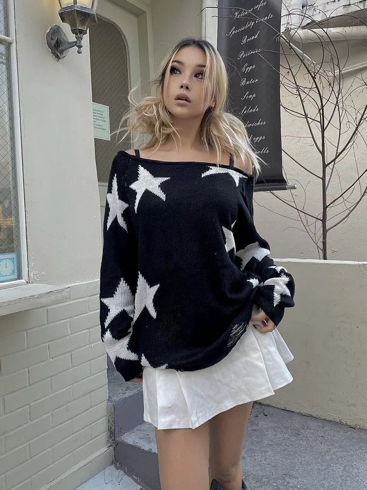 LIZAKOSHT  -  Y2K Black Star Knit Sweaters Women Vintage 90s Off Shoulder Pullovers Jerseys Gothic Egirl Oversize Long Sleeve Jumpers
