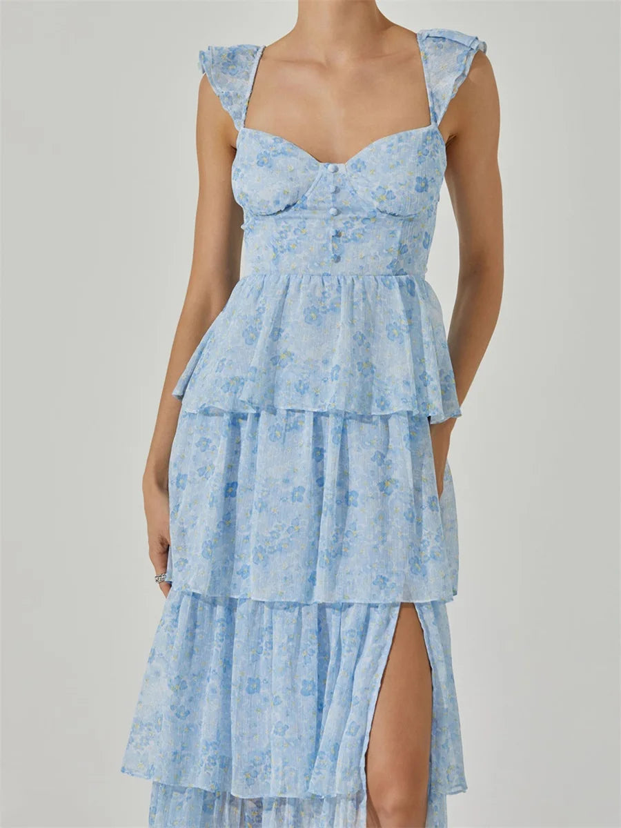 LIZAKOSHT  -  Women's Floral Dress Stylish Multi-Layered Ruffles Split Cap Sleeve Long A-Line Dress Summer