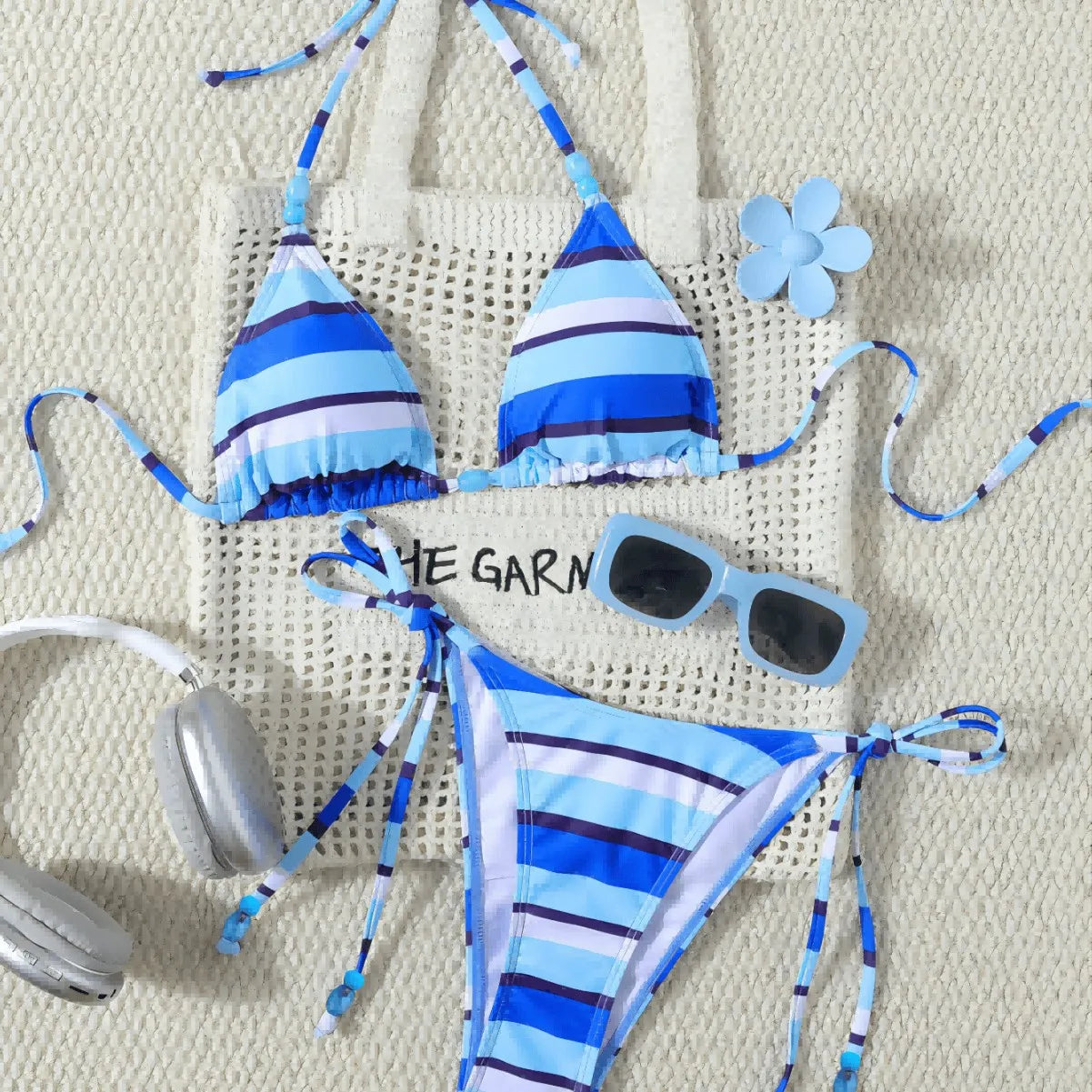 LIZAKOSHT  -  Summer Padded Bikini Set For Women Floral/Stripe Print Bead Decor Bra with Low Waist Tie-up Shorts 2 Pcs Swimsuit Women