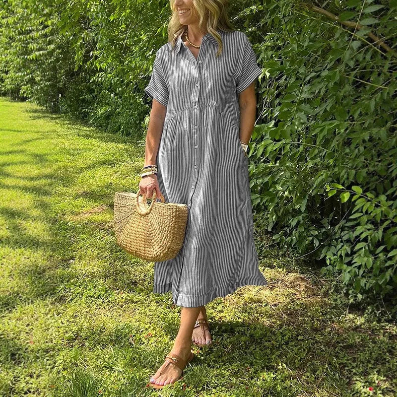 LIZAKOSHT  -  Summer New Women's Striped Dress Shirt Lapel Loose Button Cardigan Pocket Fashion Vacation Casual Street Midi Skirt for Female